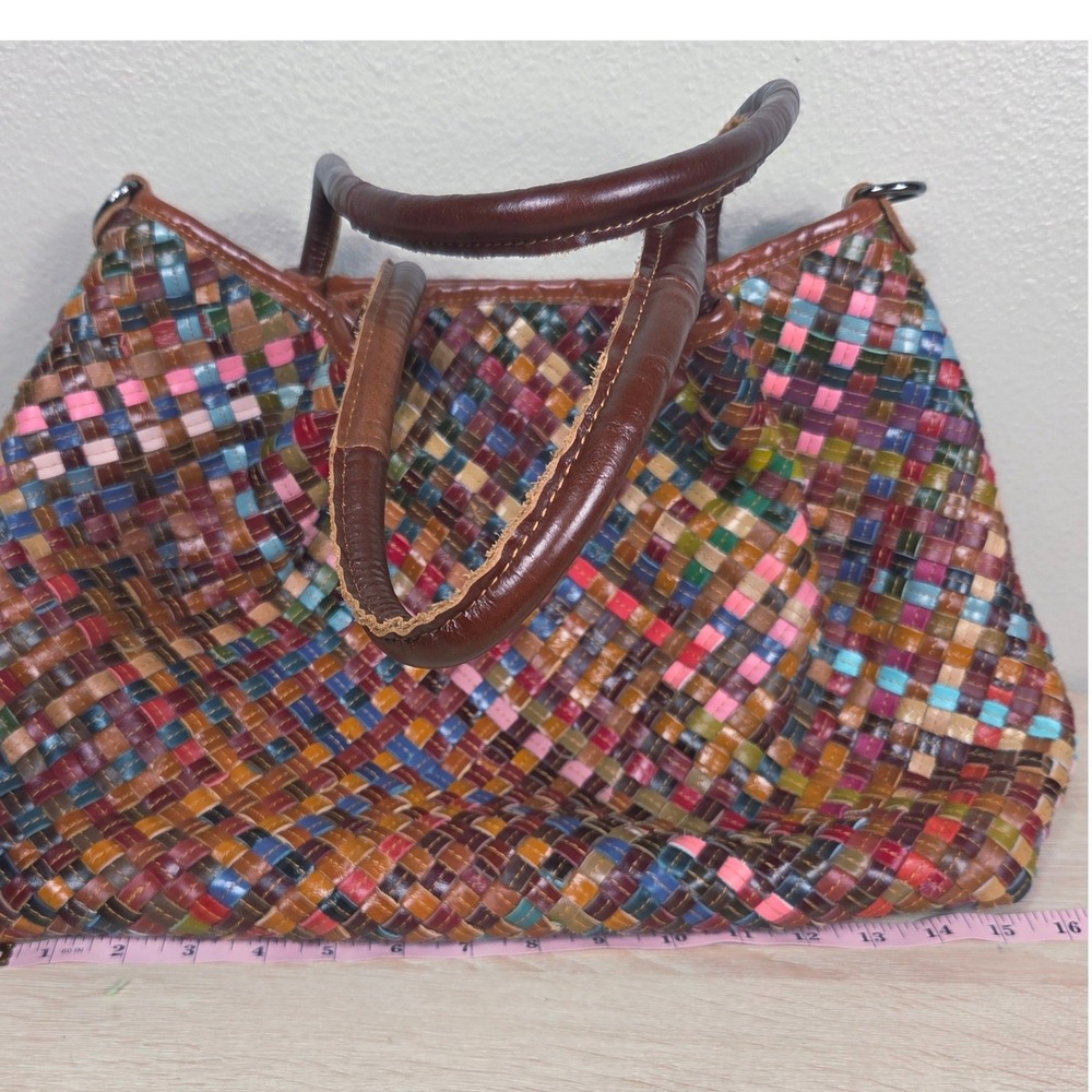 AmeriLeather Multicolor Woven Leather Tote Bag Patchwork Shoulder Purse Boho Art - Picture 7 of 16